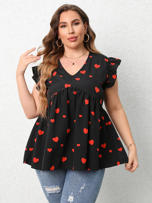 Plus Size Red Heart Print Blouse