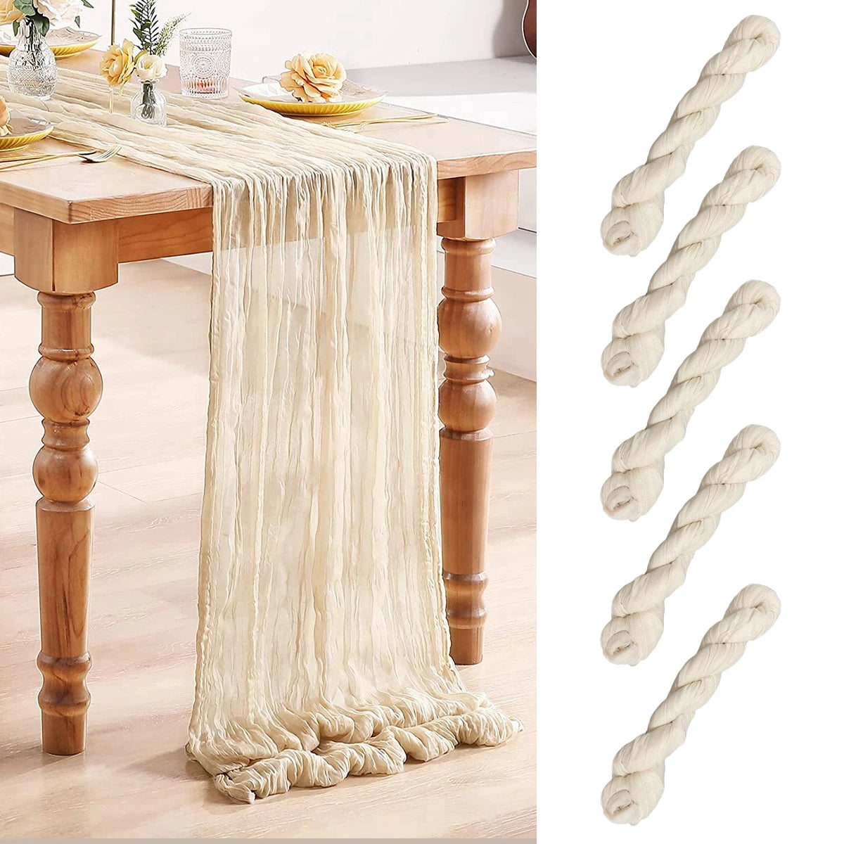 Cream gauze table runner drapes elegantly over a wooden table, adorned with plates, glasses, and floral decor. Four rolled gauze bundles are displayed on the right.