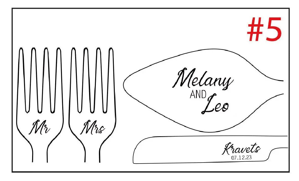 Illustration of two forks labeled "Mr" and "Mrs" beside a design featuring the names "Melany and Leo" and the date "07.12.23" with the text "Kravets" underneath.