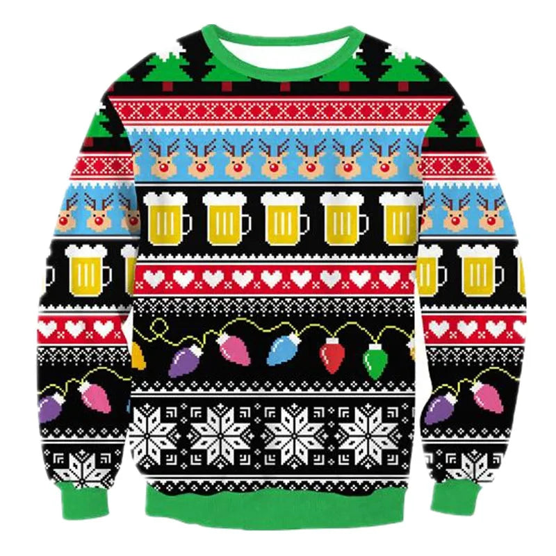 Festive sweater with patterns of Christmas trees, beer mugs, reindeer, hearts, and colorful lights. Features green cuffs and hem, red and black backgrounds.