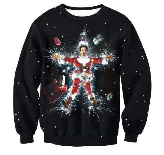Black sweatshirt featuring a humorous Christmas scene with a man in a Santa suit tangled in lights, surrounded by gifts and snowflakes, with a shocked expression.