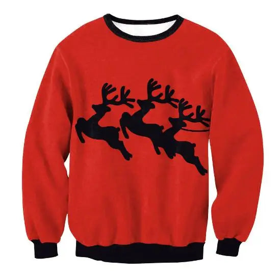 Red sweater with black cuffs featuring an outline of three black reindeer in a leaping pattern across the front.