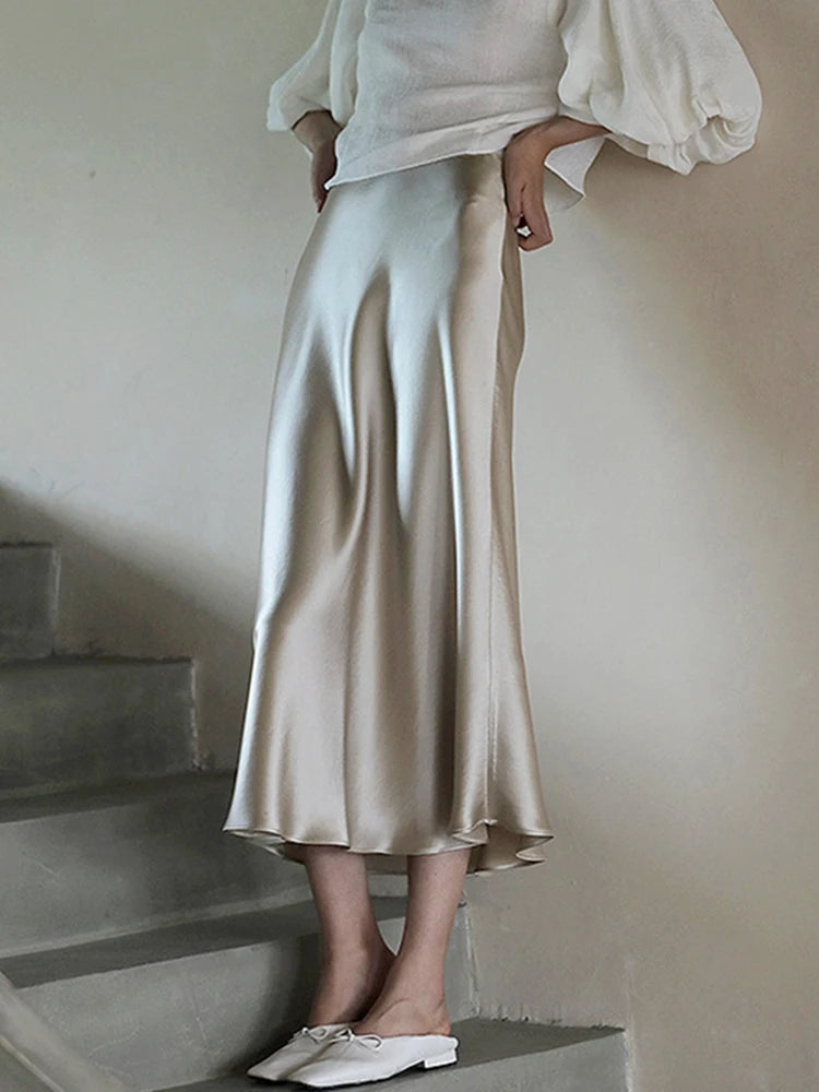 Elegant Korean Satin Silk A-line Skirt