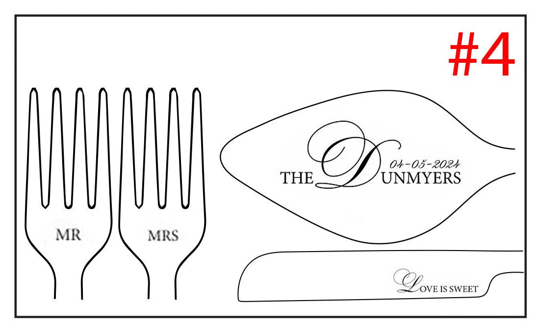 Engraved wedding cake set design. Two forks labeled "MR" and "MRS," with a cake server reading "The Dunmyers," date "04-05-2024," and knife inscription "Love is Sweet."