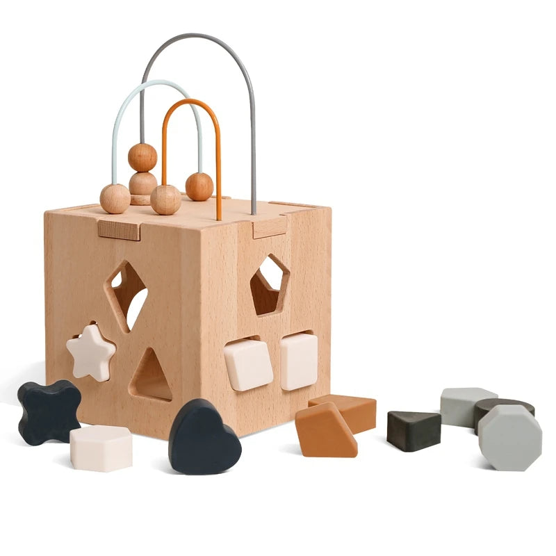 Wooden Activity Cube with Geometric Shapes