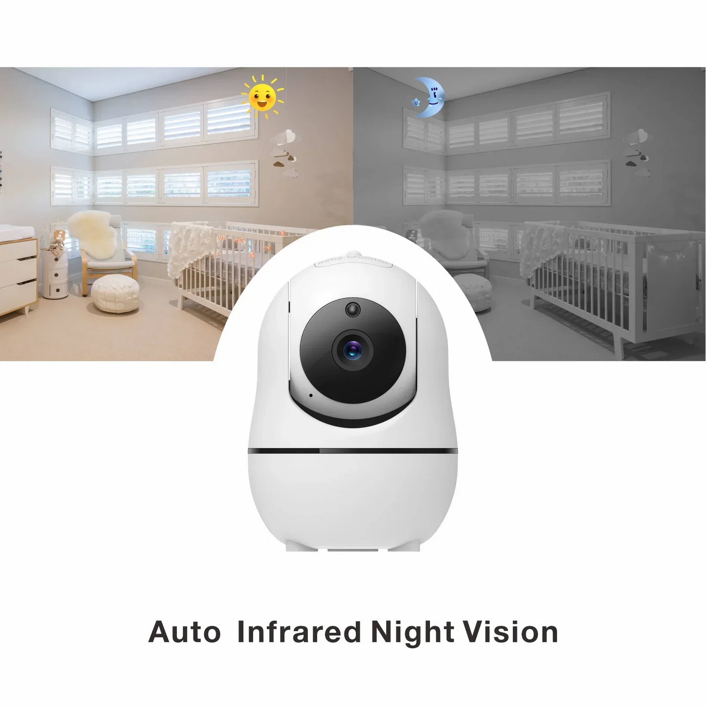 White security camera with auto infrared night vision displayed over a nursery, showing color during the day and grayscale at night. Sun and moon icons indicate time.