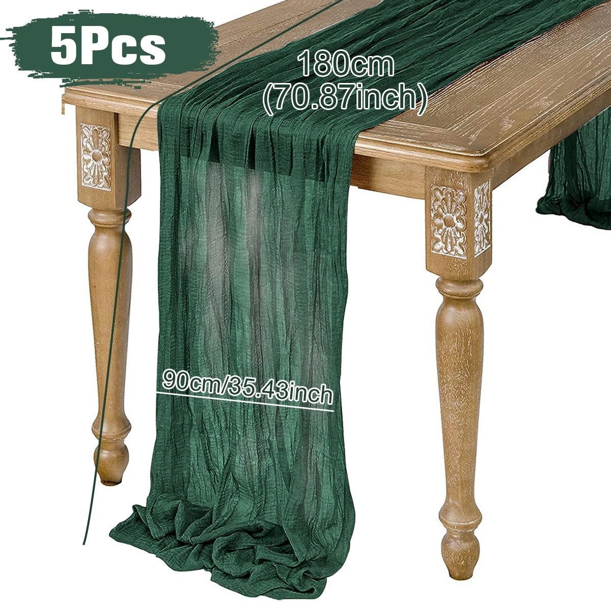 Green gauze table runner draped over a wooden table. The dimensions shown are 180cm (70.87 inches) long and 90cm (35.43 inches) wide. The package includes 5 pieces.