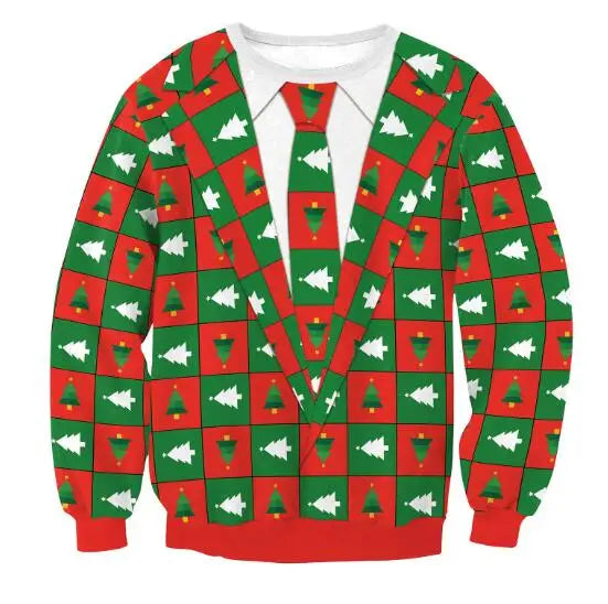 Red and green Christmas sweater with faux suit design, featuring a tie and tree pattern.