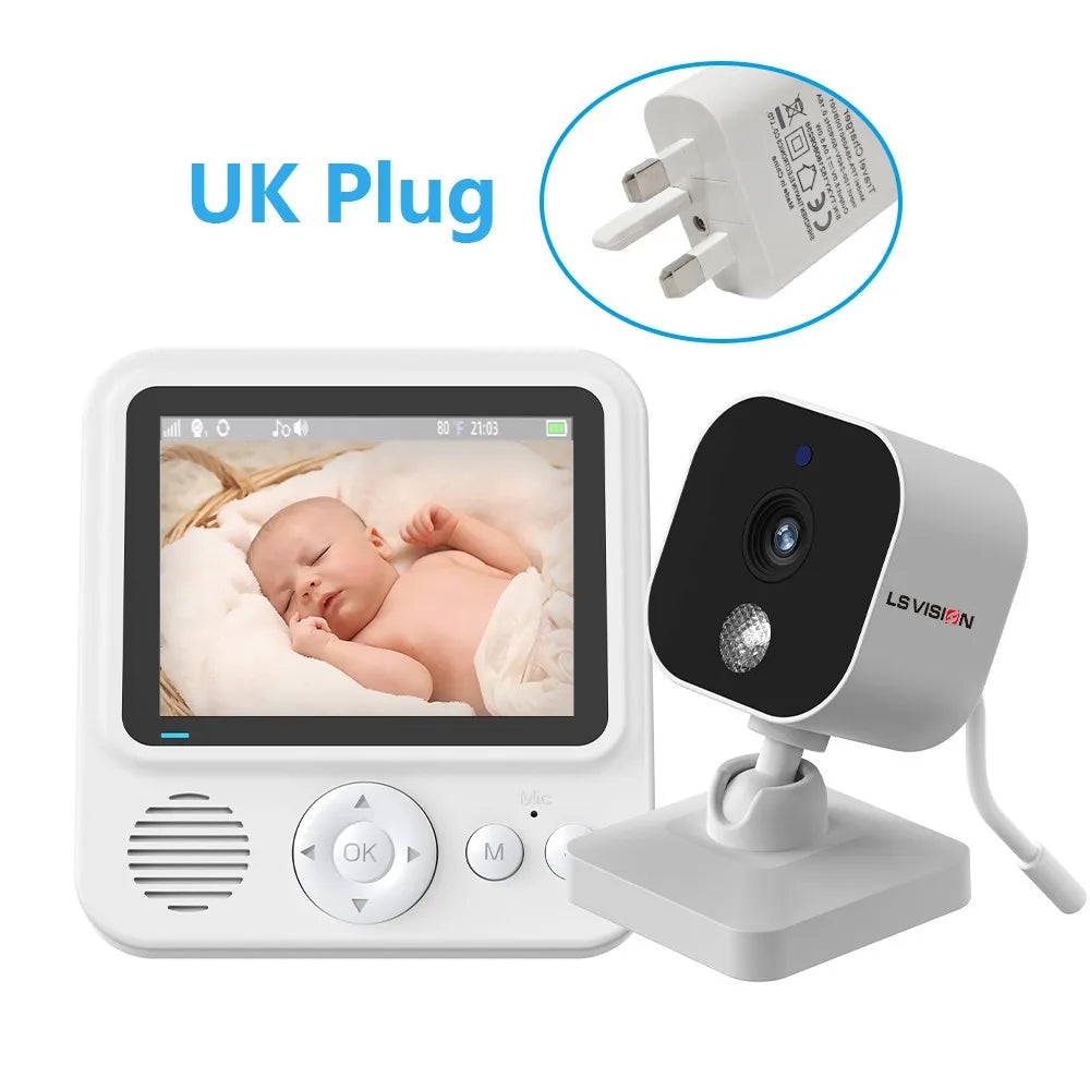 Baby monitor with camera and screen showing a sleeping infant. Features include a UK plug and various control buttons. Branded LS Vision.
