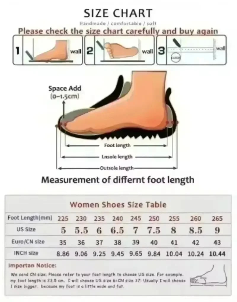 Shoe size chart with instructions for measuring foot length using a wall. Includes women's shoe sizes in US, Euro/CN, and inches. Notes on measuring accuracy are provided.