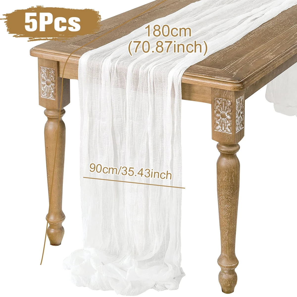 A wooden table with floral carvings on its legs features a white gauze table runner measuring 180cm by 90cm. "5 Pcs" is marked in the top-left corner of the image.