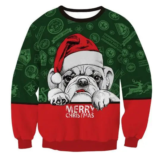 Festive sweater featuring a bulldog wearing a Santa hat, with the words "Merry Christmas" across the front. The background is green with holiday-themed patterns.