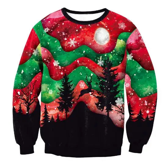 Colorful sweater depicting a winter night scene with vibrant red and green wave patterns, a deer silhouette, snowy trees, and a full moon, capturing a festive holiday vibe.