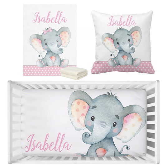 Custom Name Pink Elephant Crib Bedding Set