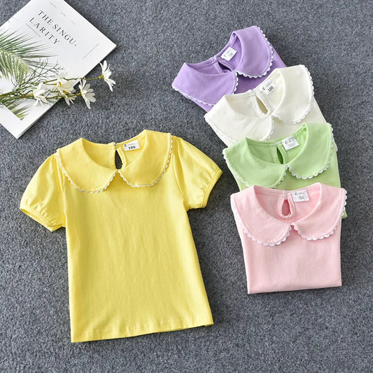 Summer Girls' Cotton T-shirt with Peter Pan Collar