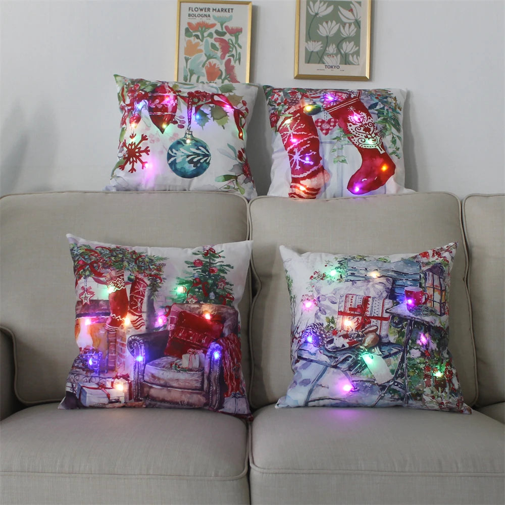 LED Light Christmas Pillow Cover - Santa Elk Glow