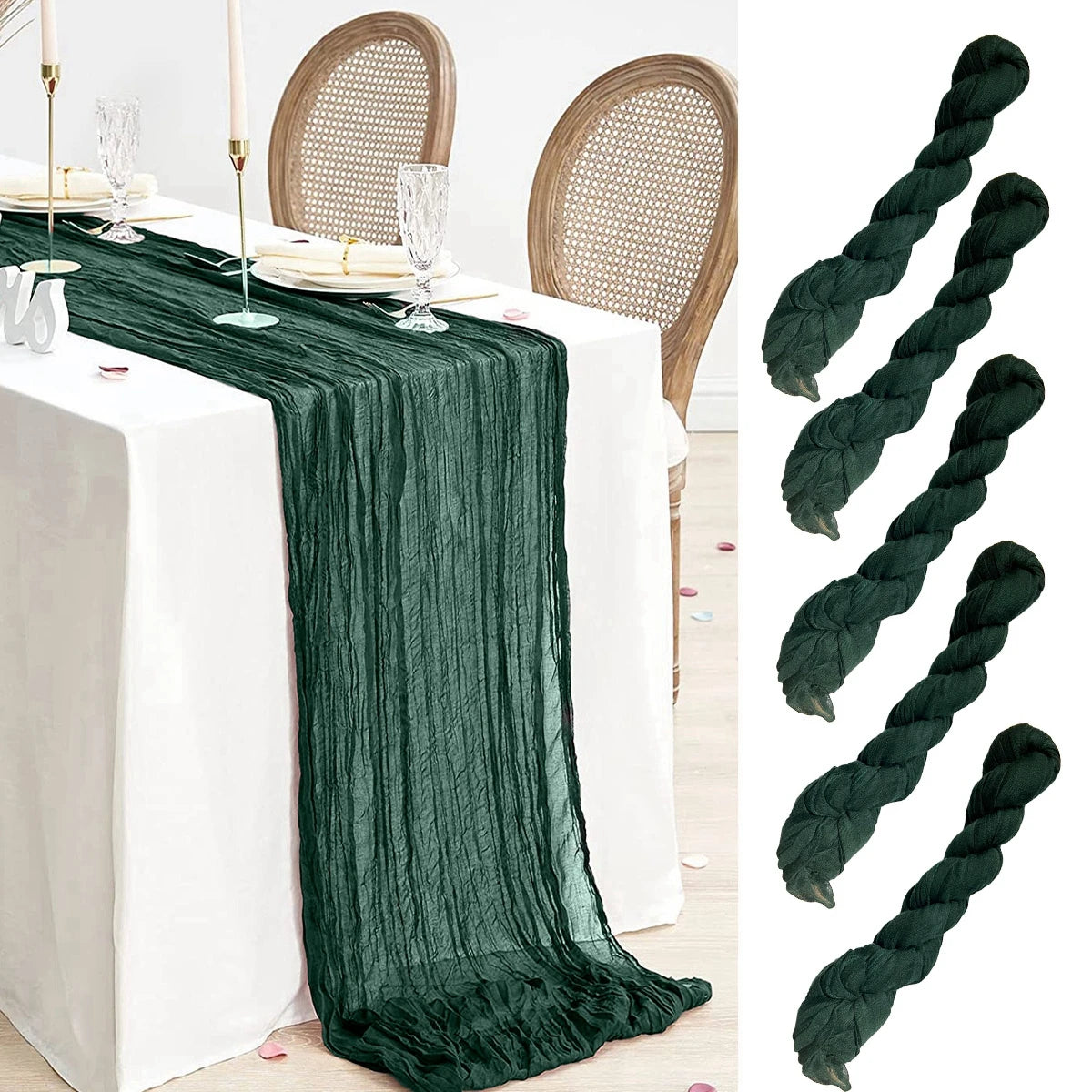 Elegant white table with a dark green crinkle table runner, set with crystal glasses, candles, and two decorative chairs. Four braided dark green runners are displayed on the right.