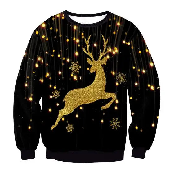 Black sweater with a glittering gold reindeer design, surrounded by snowflakes and lights, creating a festive holiday look.