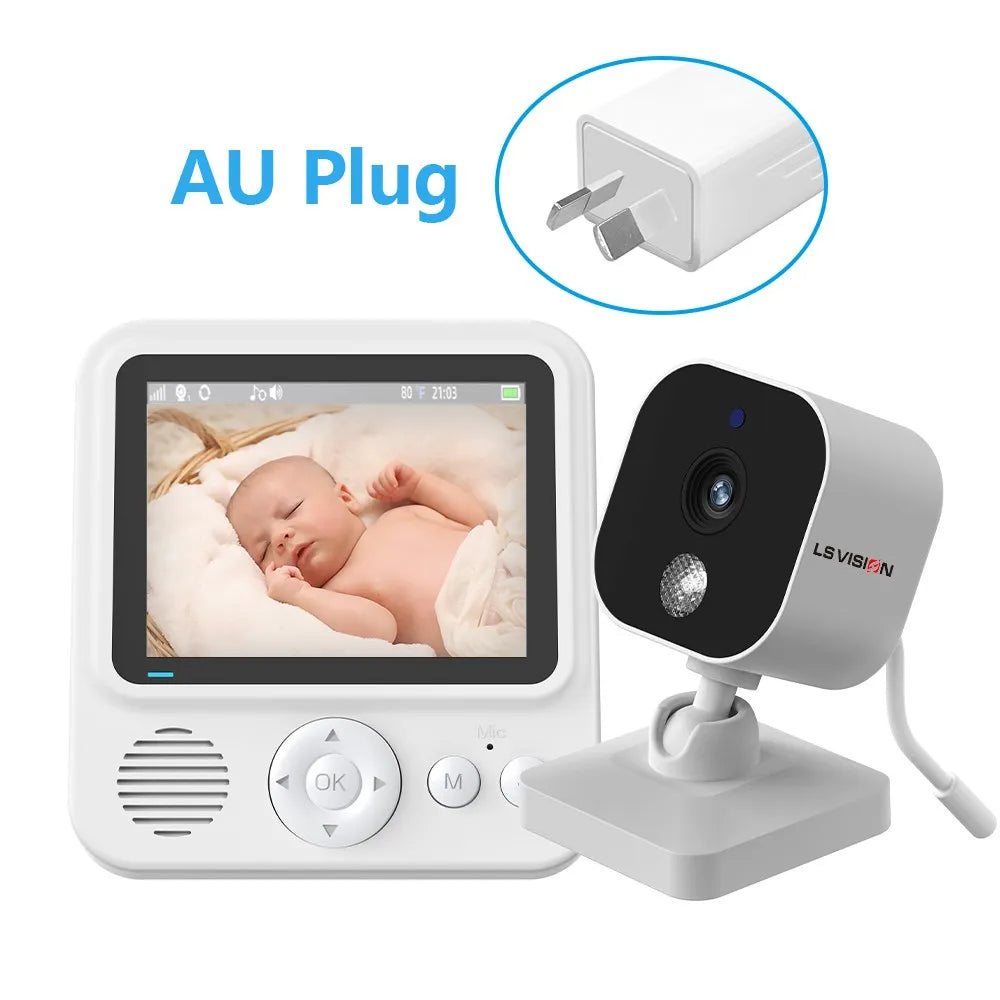 Baby monitor with camera and AU plug. The screen shows a sleeping baby. The device has buttons and a speaker, and the camera is mounted on an adjustable stand.