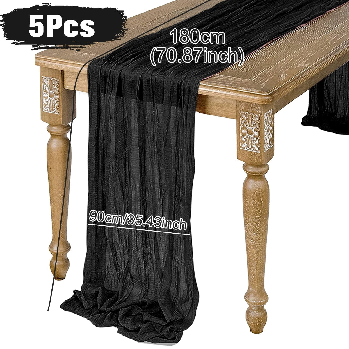 Black chiffon table runner draped over a wooden table with ornate legs, measuring 180cm by 90cm. The image highlights the size and includes a "5Pcs" label.