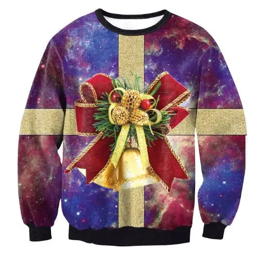 Festive sweater with a cosmic nebula background, featuring a gold cross pattern and a central Christmas decoration of bells, red ribbons, and greenery.