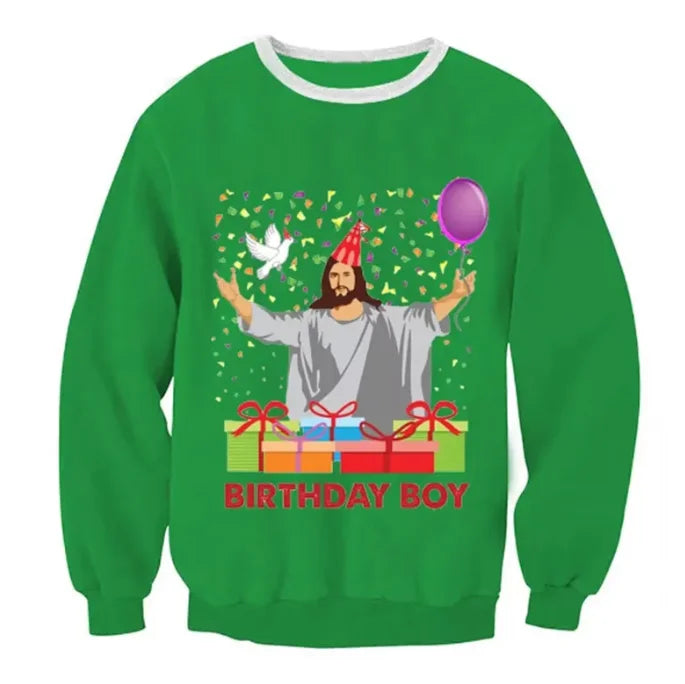 Green sweater featuring a figure in a party hat with a dove and balloon, surrounded by confetti and gifts. "BIRTHDAY BOY" text at the bottom.