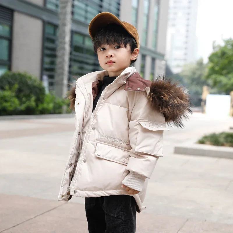 Winter Kids Down Jacket with Big Fur Collar