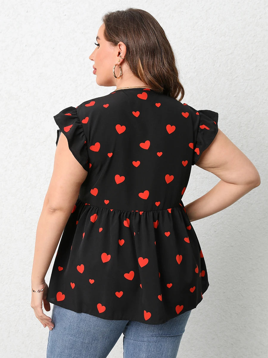 Plus Size Red Heart Print Blouse