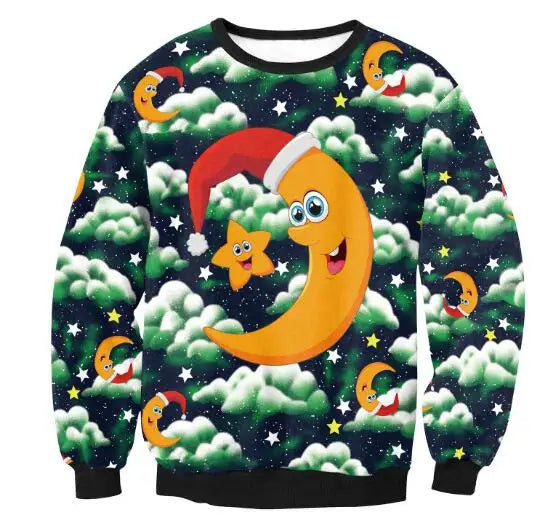 Sweater featuring a cartoon crescent moon wearing a Santa hat, with a smiling star, set against a backdrop of green clouds, stars, and a dark starry sky.
