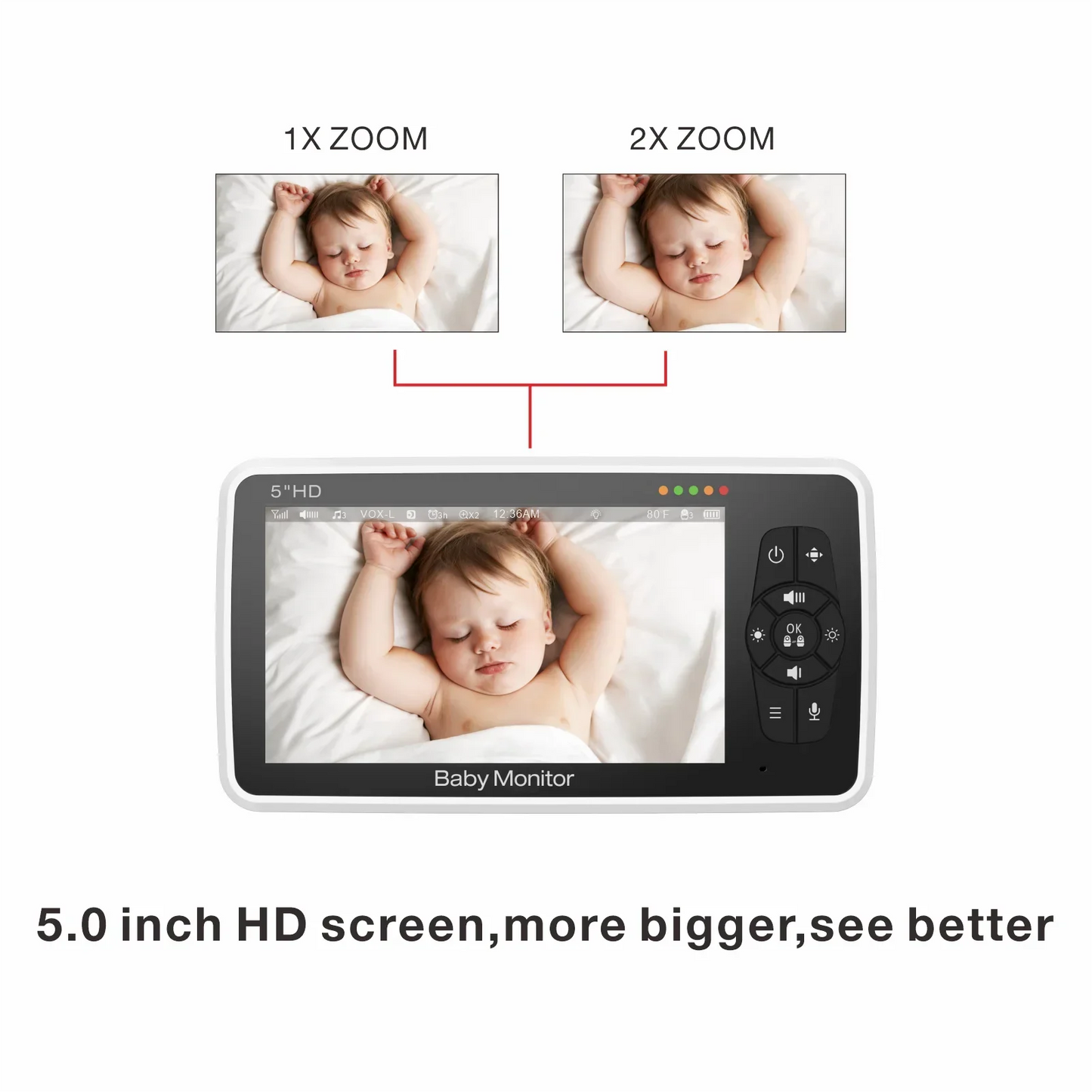 Baby monitor with 5-inch HD screen displays zoomed images of a sleeping baby at 1x and 2x zoom levels. Text reads, "5.0 inch HD screen, more bigger, see better."
