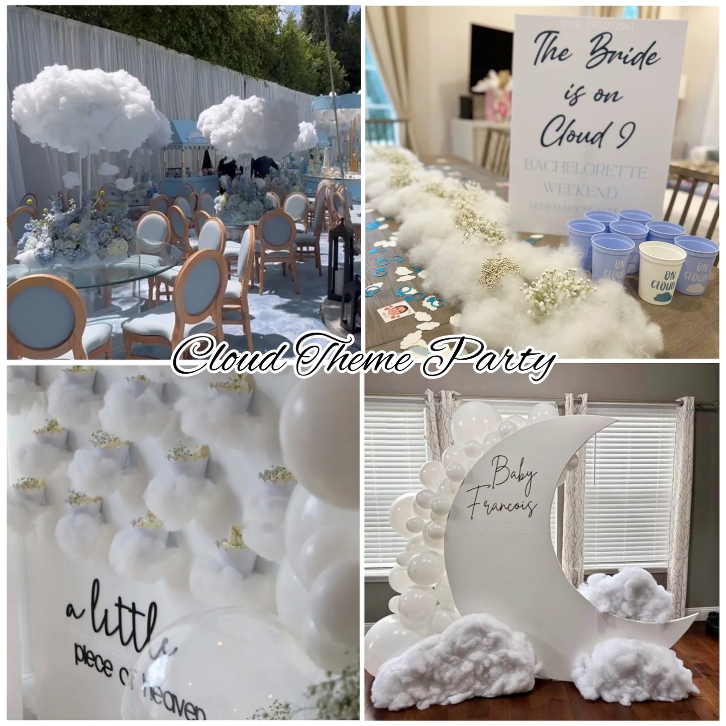 Collage of a cloud-themed party, featuring cloud decorations and floral arrangements on tables, a "Bride is on Cloud 9" sign, and a crescent moon display with white balloons.