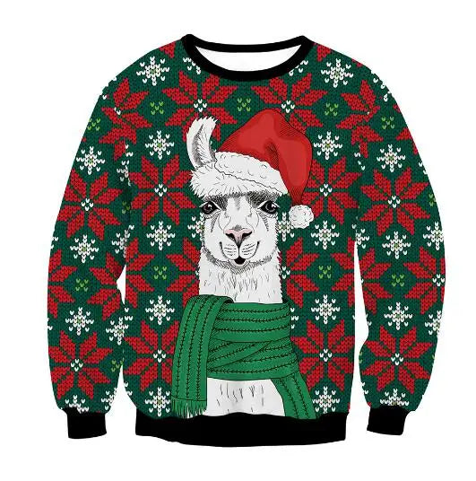 Festive sweater featuring a llama wearing a Santa hat and green scarf. The background is a colorful pattern of red and white snowflakes on a green fabric.