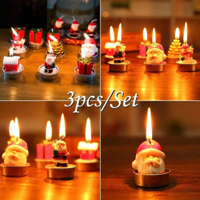 Festive candle set with lit candles shaped like Santa, gifts, and Christmas trees. The image shows various angles, highlighting the bright flames. Text reads "3pcs/Set."