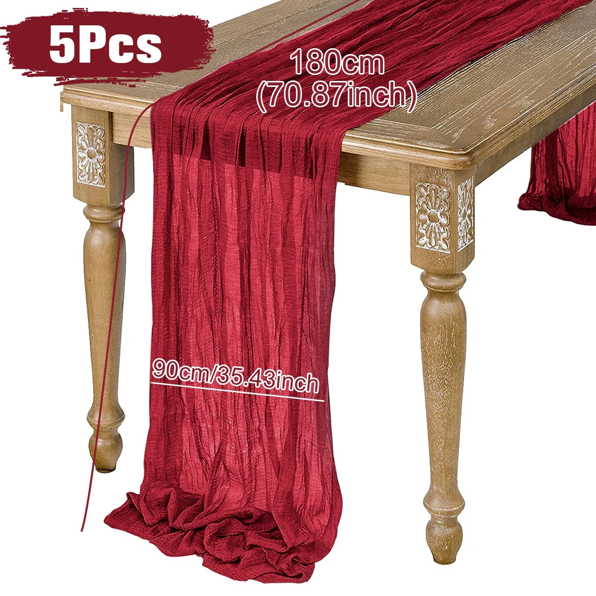 Red table runner measuring 180cm by 90cm drapes over an ornate wooden table. A "5 Pcs" label indicates a set of five pieces.
