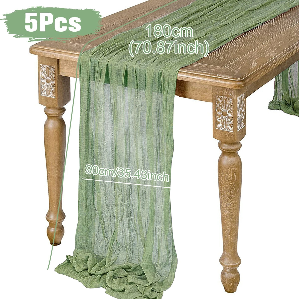 Five green chiffon table runners, each measuring 180cm by 90cm, are draped over a wooden table with decorative carved legs.