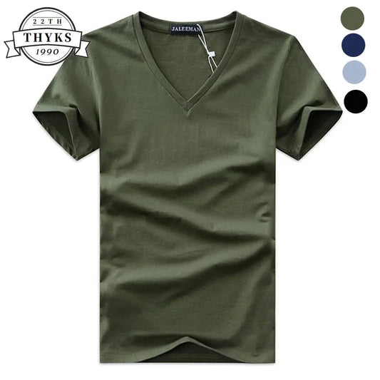 Breathable V-Neck Men's T-Shirt - Summer Casual Solid Cotton