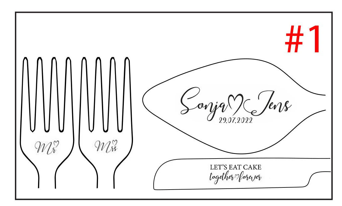 Illustration of wedding cutlery set: two forks marked "Mr" and "Mrs", a cake server with "Sonja ♥ Jens 29.07.2022", and a knife engraved "Let's eat cake together forever".