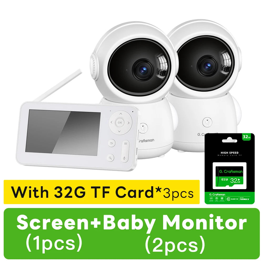 Two white baby monitors and a handheld screen with a 32GB TF card. The text highlights "Screen + Baby Monitor (2pcs)" and includes an additional TF card package.
