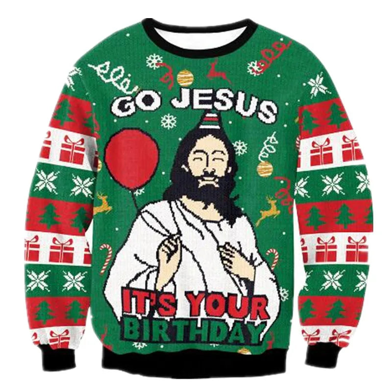Festive sweater featuring a graphic of a person with long hair, Christmas motifs, and text saying "Go Jesus, It's Your Birthday." The design includes balloons and gift patterns.