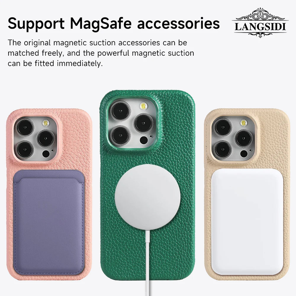 Luxury Natural Cowhide Leather Magsafe Case for iPhone 15 Pro Max