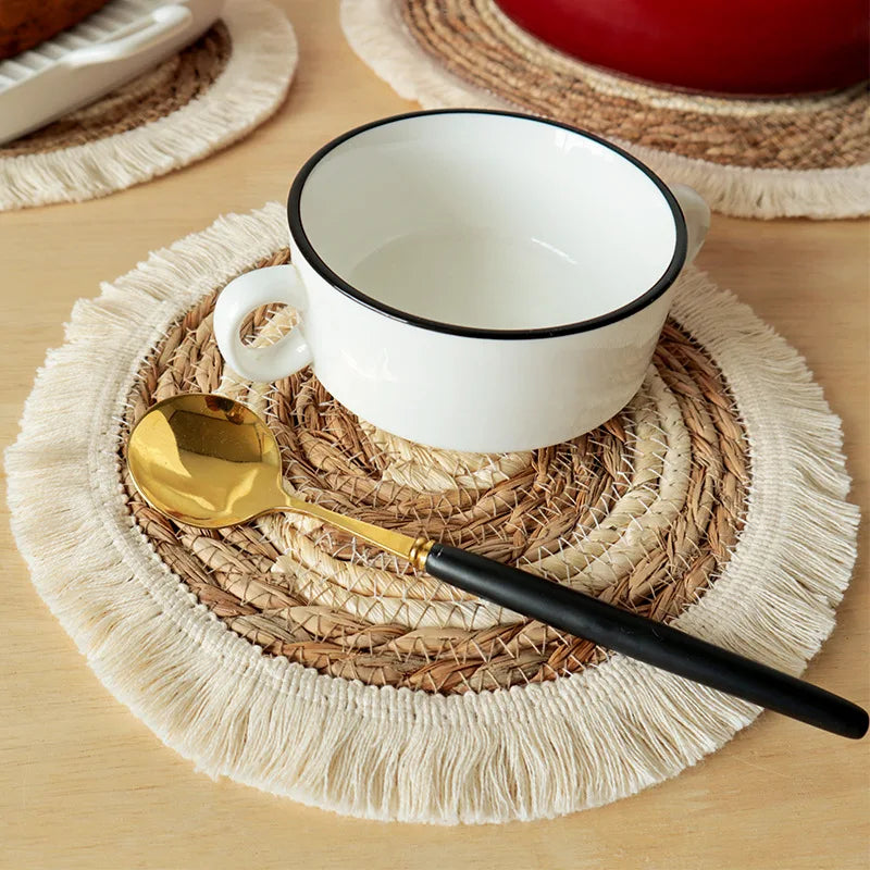 Round Wicker Tassel Placemat - Natural Rattan Weave