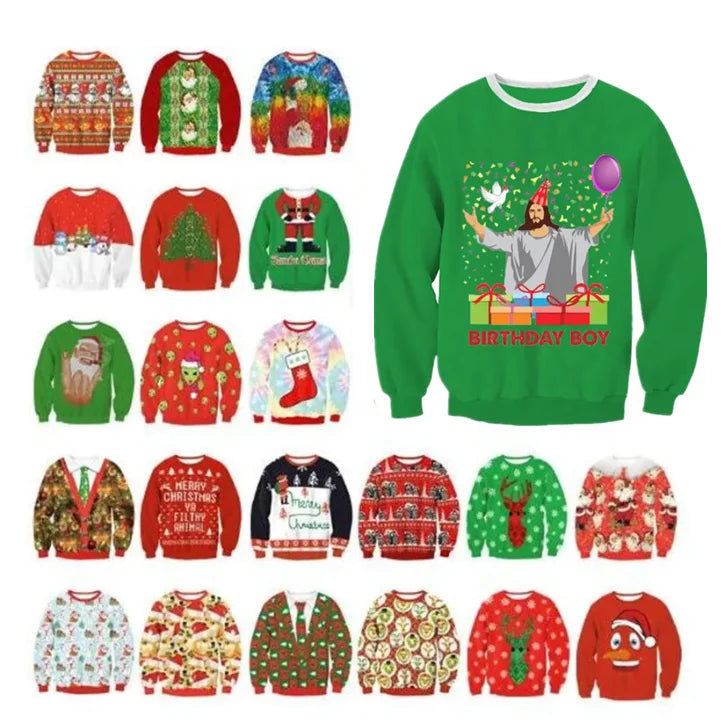 A collection of 25 colorful Christmas sweaters, each featuring festive designs such as Santa, reindeer, trees, and more. The largest sweater has a "Birthday Boy" Jesus theme.