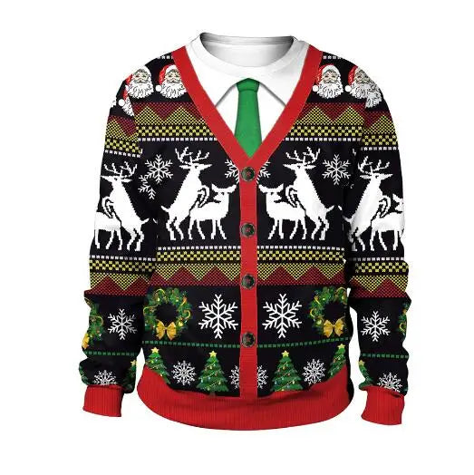 Festive sweater with red trim and integrated green tie design. Features reindeer, Santa faces, snowflakes, wreaths, and Christmas trees on a black background.