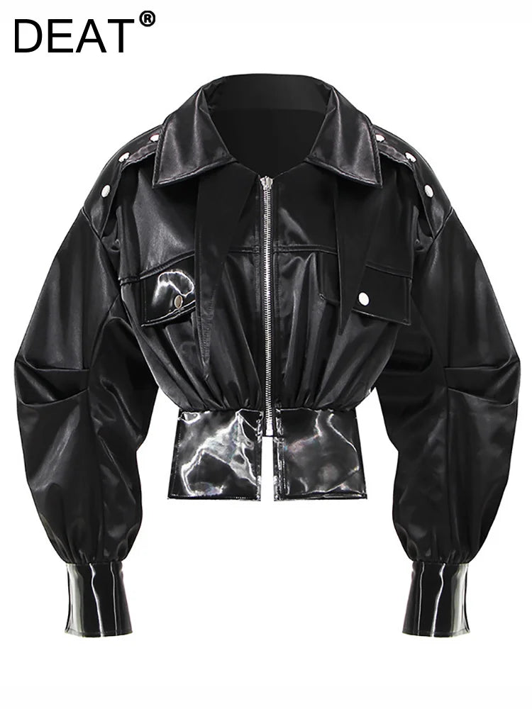 DEAT Fashion High Waist PU Leather Jacket