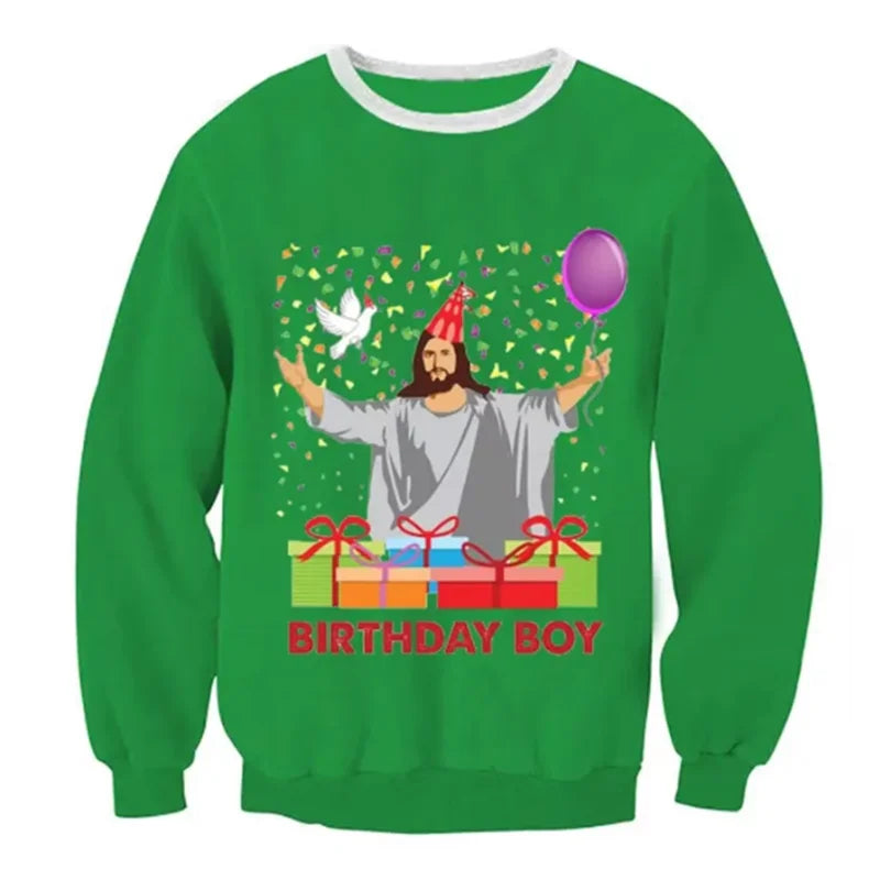 Green sweater with a festive design featuring a figure in a party hat, surrounded by gifts, a dove, and a balloon. The text "Birthday Boy" is displayed at the bottom.