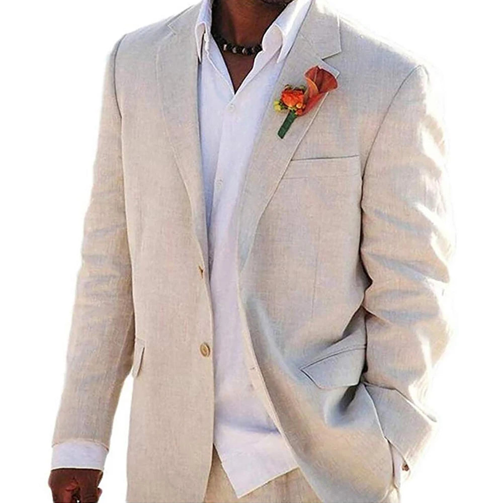 Beige Linen Men's Summer Beach Wedding Suit