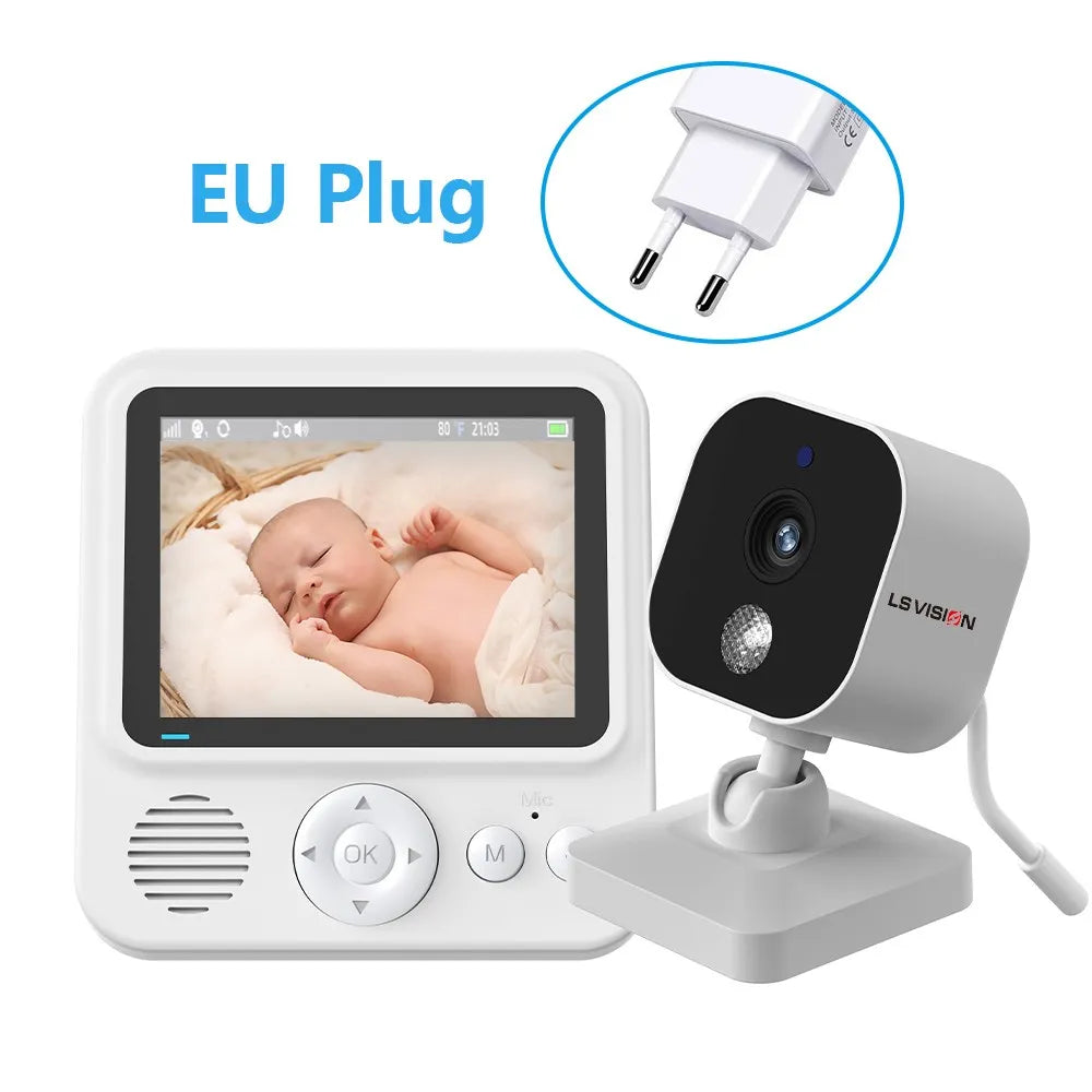 Baby monitor set with a camera and a display showing a sleeping baby. The screen has control buttons below. An EU plug is shown above in a blue circle.
