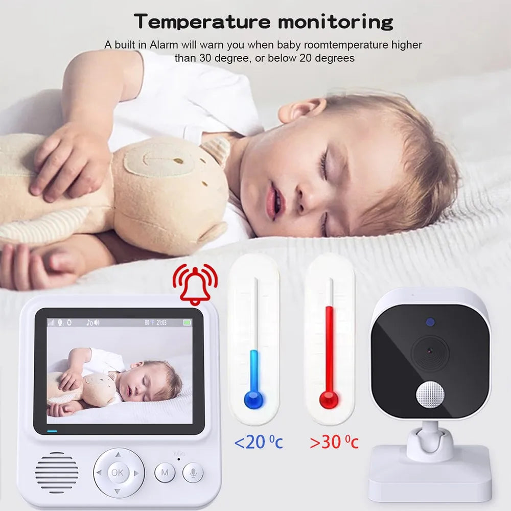 Close-up of a sleeping child with a stuffed toy. A baby monitor displays the child's image. Thermometers and an alert icon indicate room temperature monitoring limits.