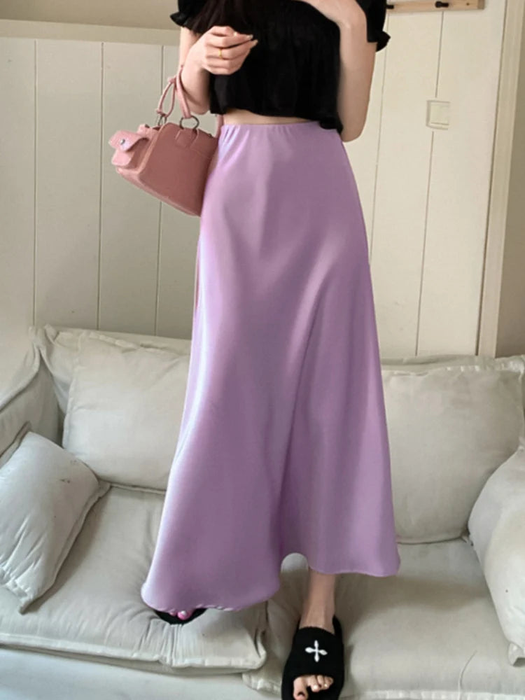 Elegant Purple Satin A-line Skirt