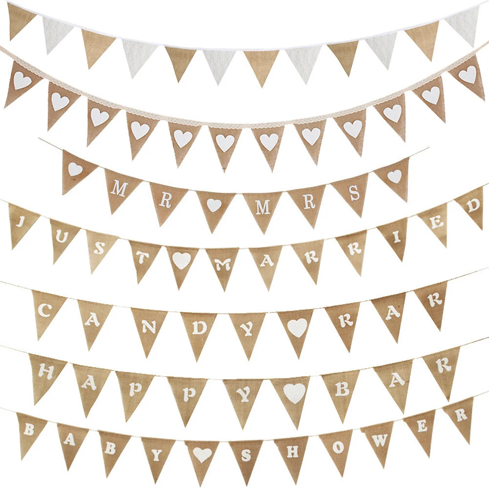 Rustic Just Married Burlap Bunting Banner Set